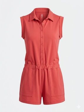 Lou & Grey Sleeveless Coral-Red Button Romper